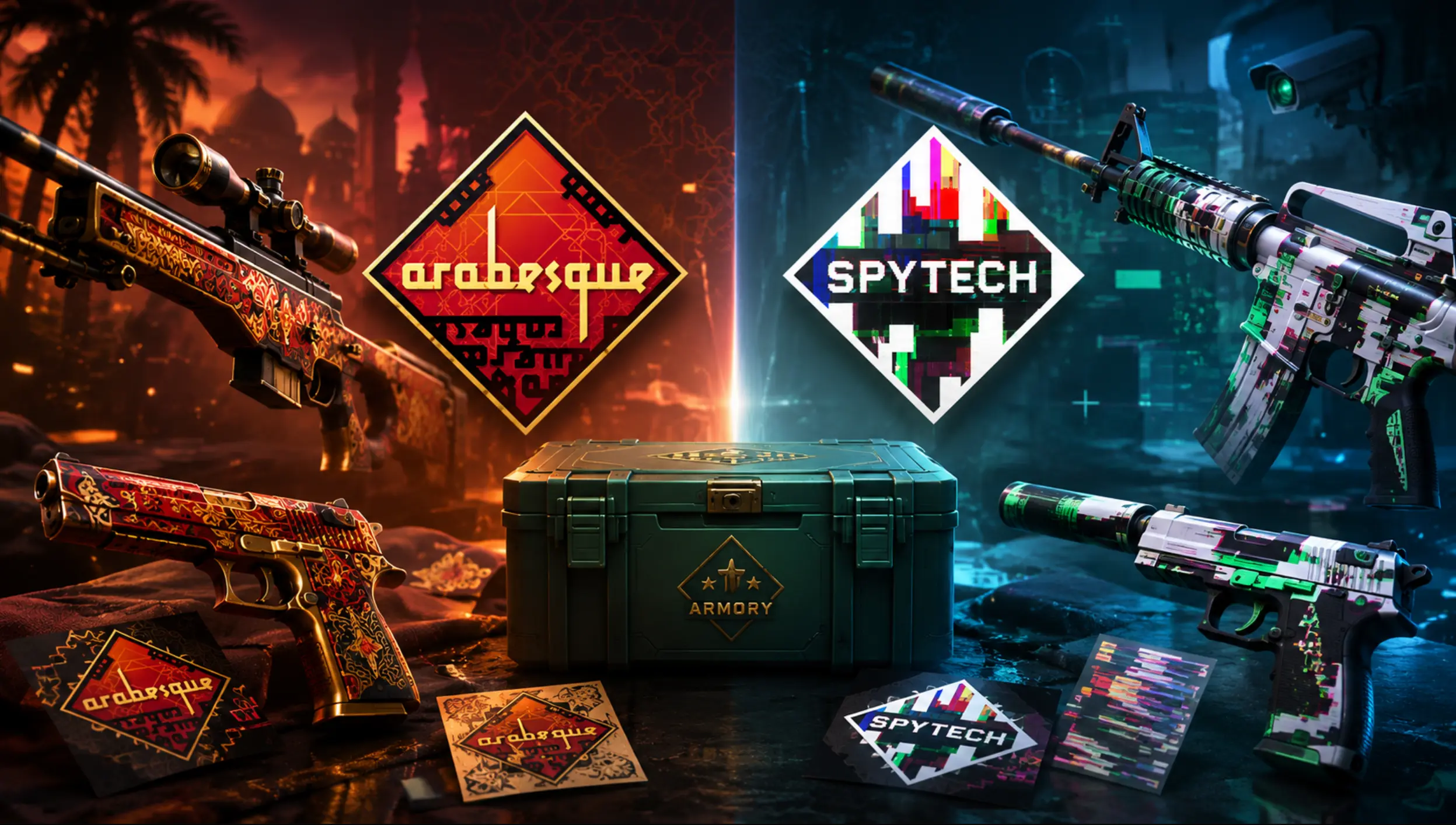 CS2 Season 5 update visual featuring Cache, Armory weapon collections, stickers, market charts, and a C4 shockwave.